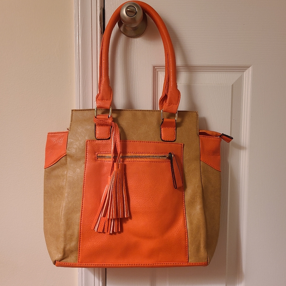 J. Francis Designs Vibrant Orange and Tan Structured Tote with Tassel